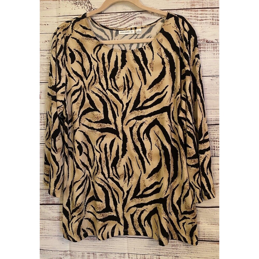 Susan Graver Womens L Blouse Cream Black Tiger Lightweight 3/4 Sleeves Mob Wife